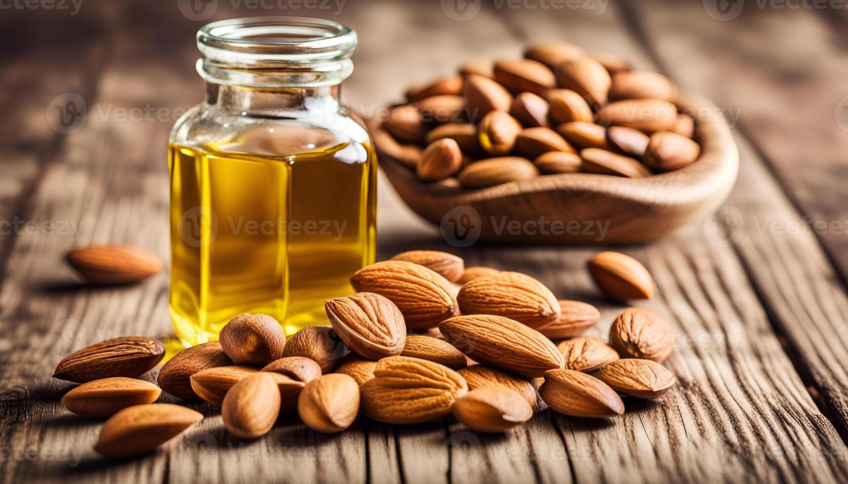AI generated Almond oil in glass bottle and almonds on wooden table photo