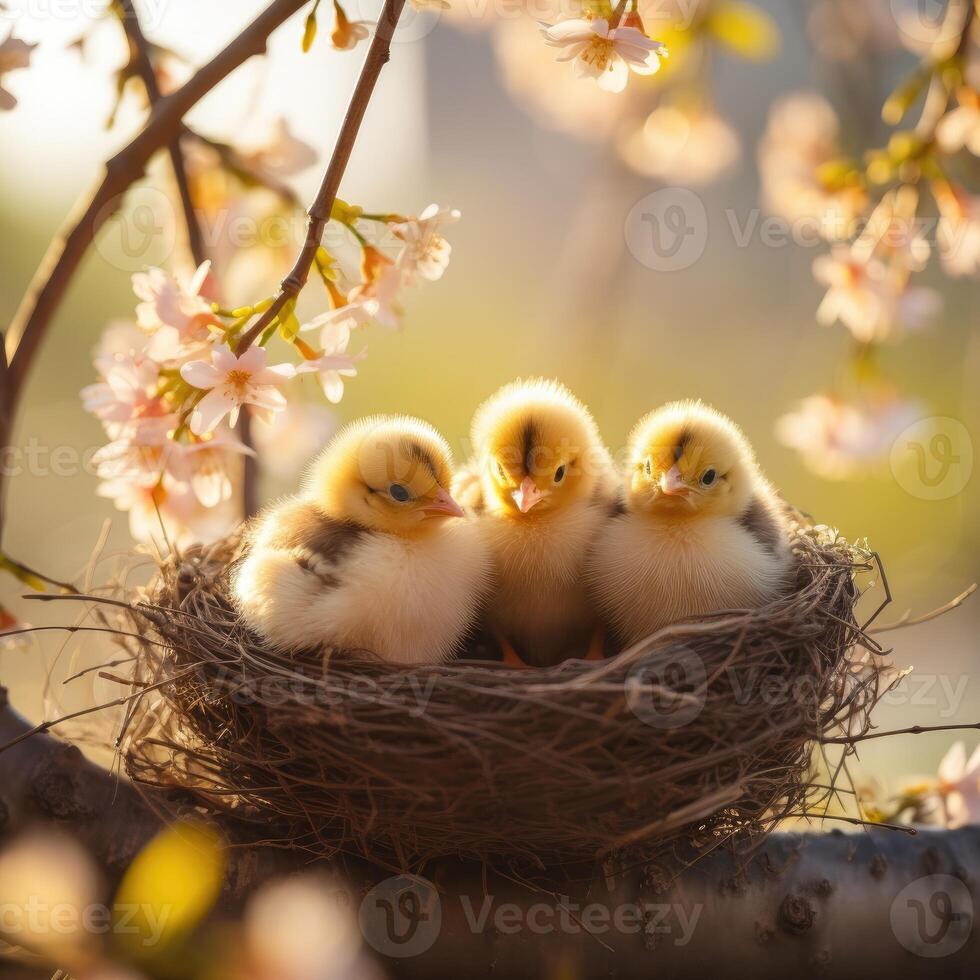 AI Generated Group of Baby Birds Sitting in a Nest photo