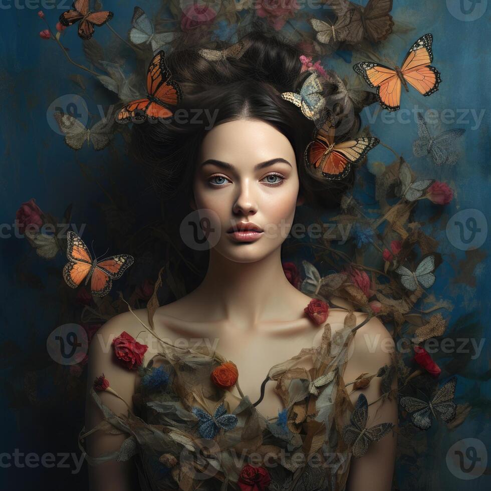 AI Generated Woman Surrounded by Butterflies Painting photo