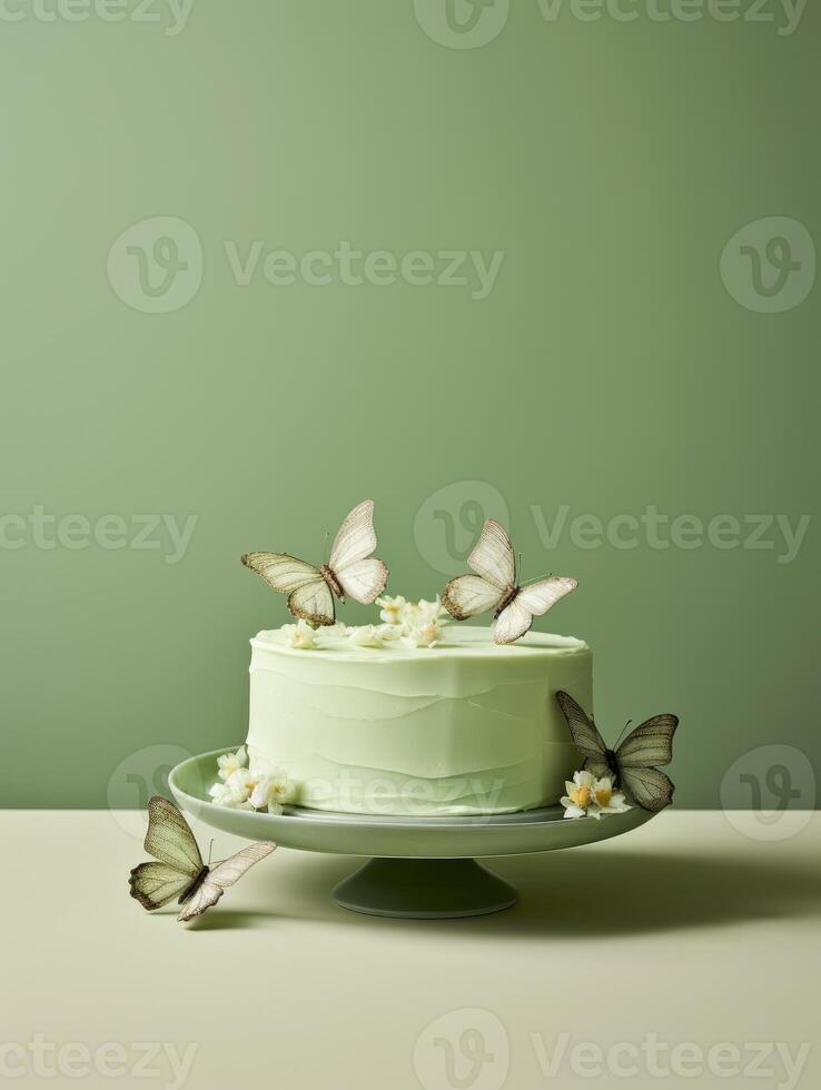 AI Generated White Cake With Butterflies photo