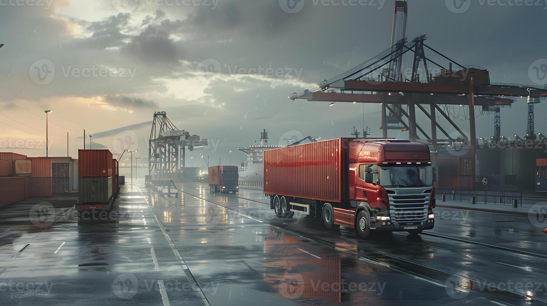 AI generated Truck trailer on the pier in the cargo port terminal with cranes and containers. AI Generated photo