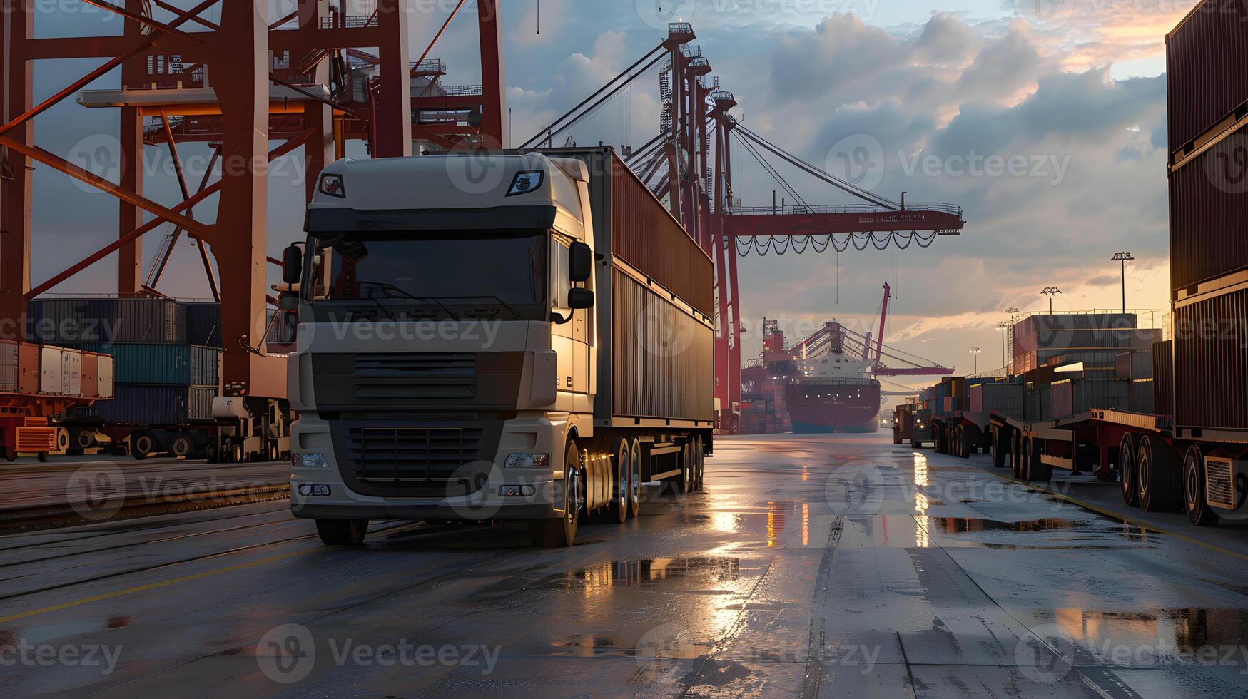 AI generated Truck trailer on the pier in the cargo port terminal with cranes and containers. AI Generated photo