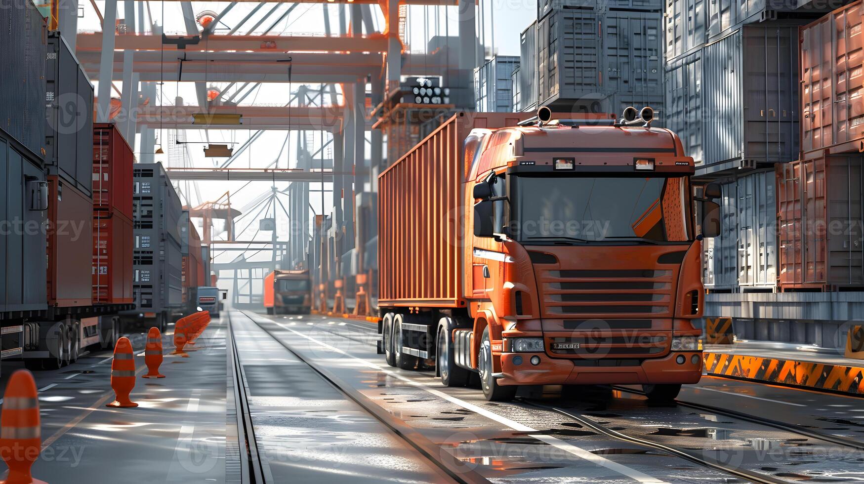 AI generated Truck trailer on the pier in the cargo port terminal with cranes and containers. AI Generated photo