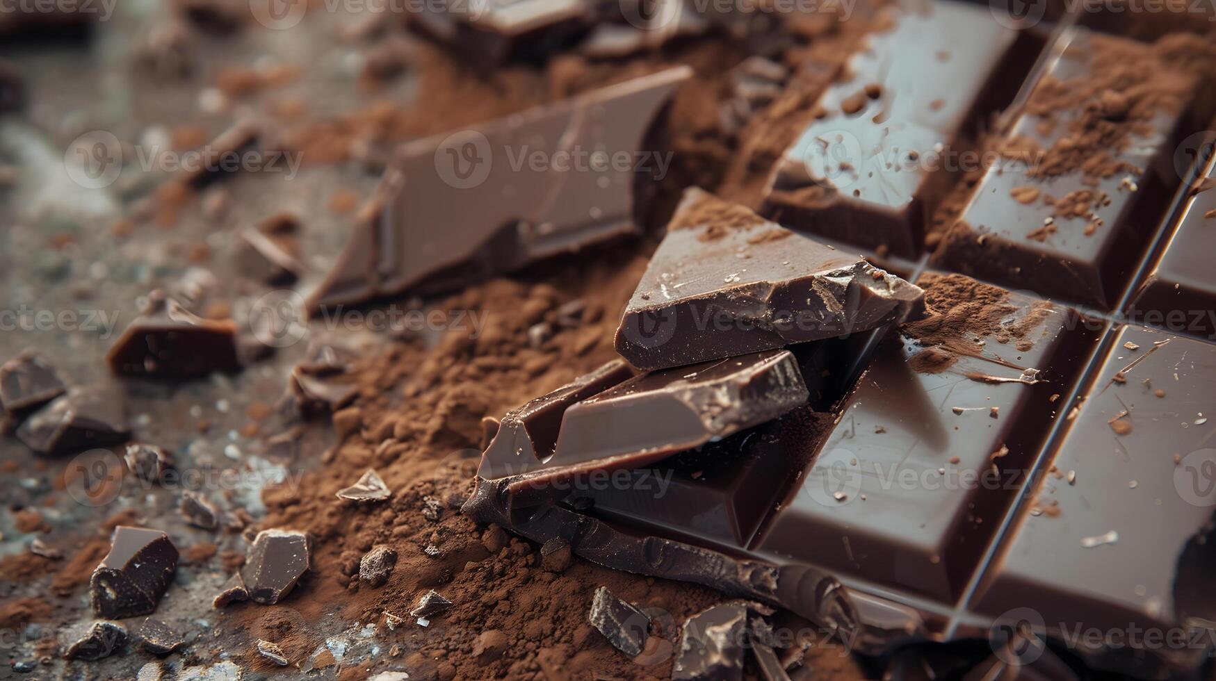 AI generated Sweet dark chocolate bar broken into pieces. AI Generated photo