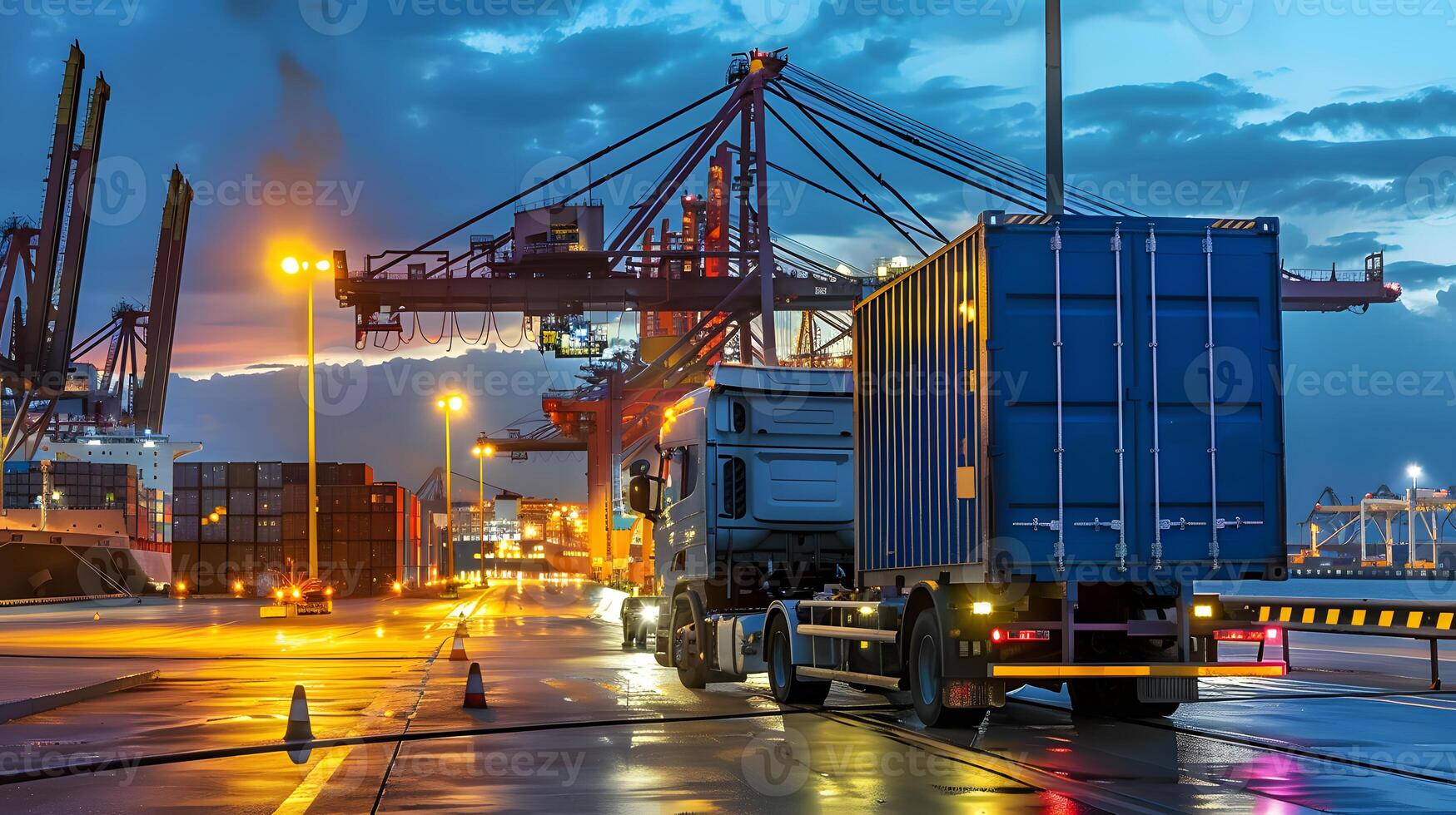 AI generated Truck trailer on the pier in the cargo port terminal with cranes and containers. AI Generated photo