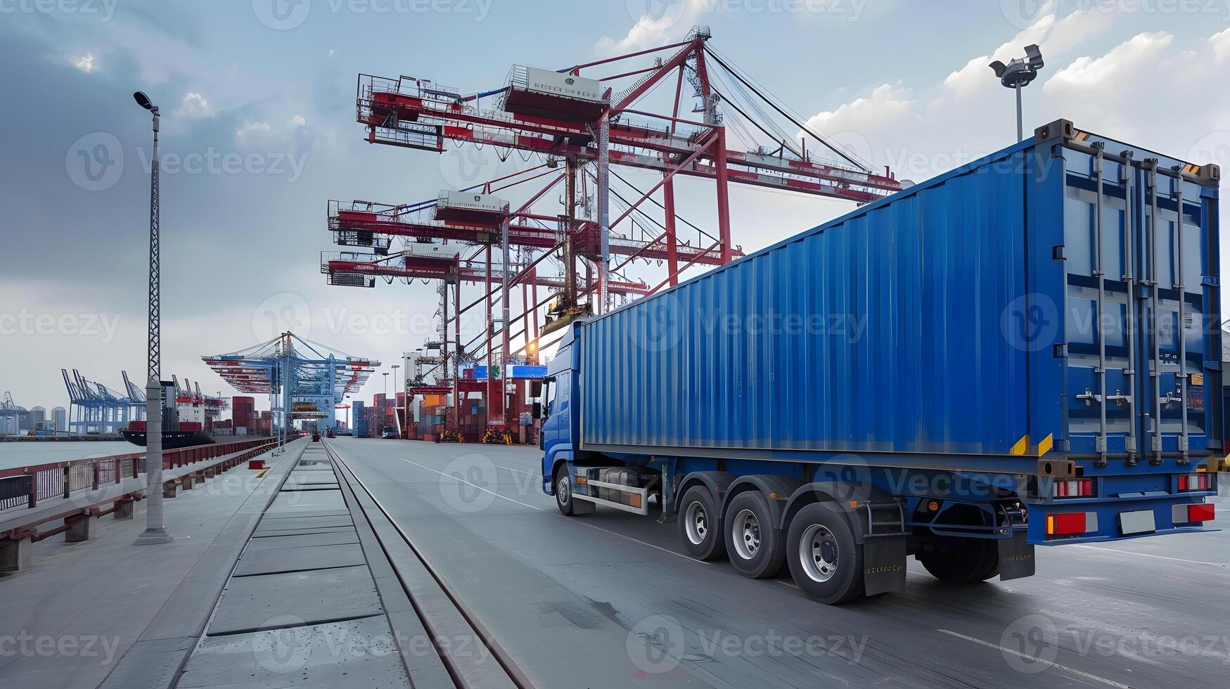 AI generated Truck trailer on the pier in the cargo port terminal with cranes and containers. AI Generated photo