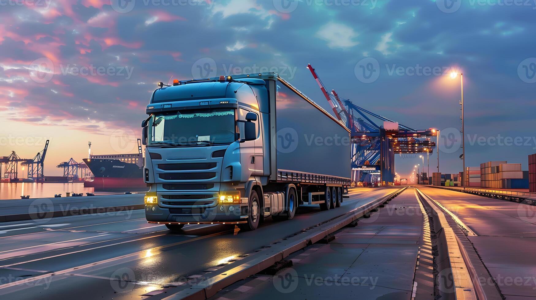 AI generated Truck trailer on the pier in the cargo port terminal with cranes and containers. AI Generated photo