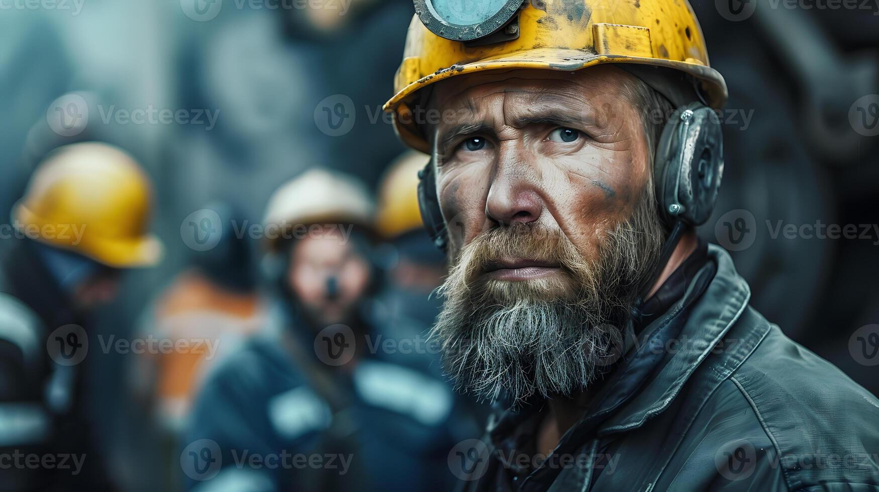 AI generated Portrait of a working man in a uniform and a hard hat. AI Generated photo