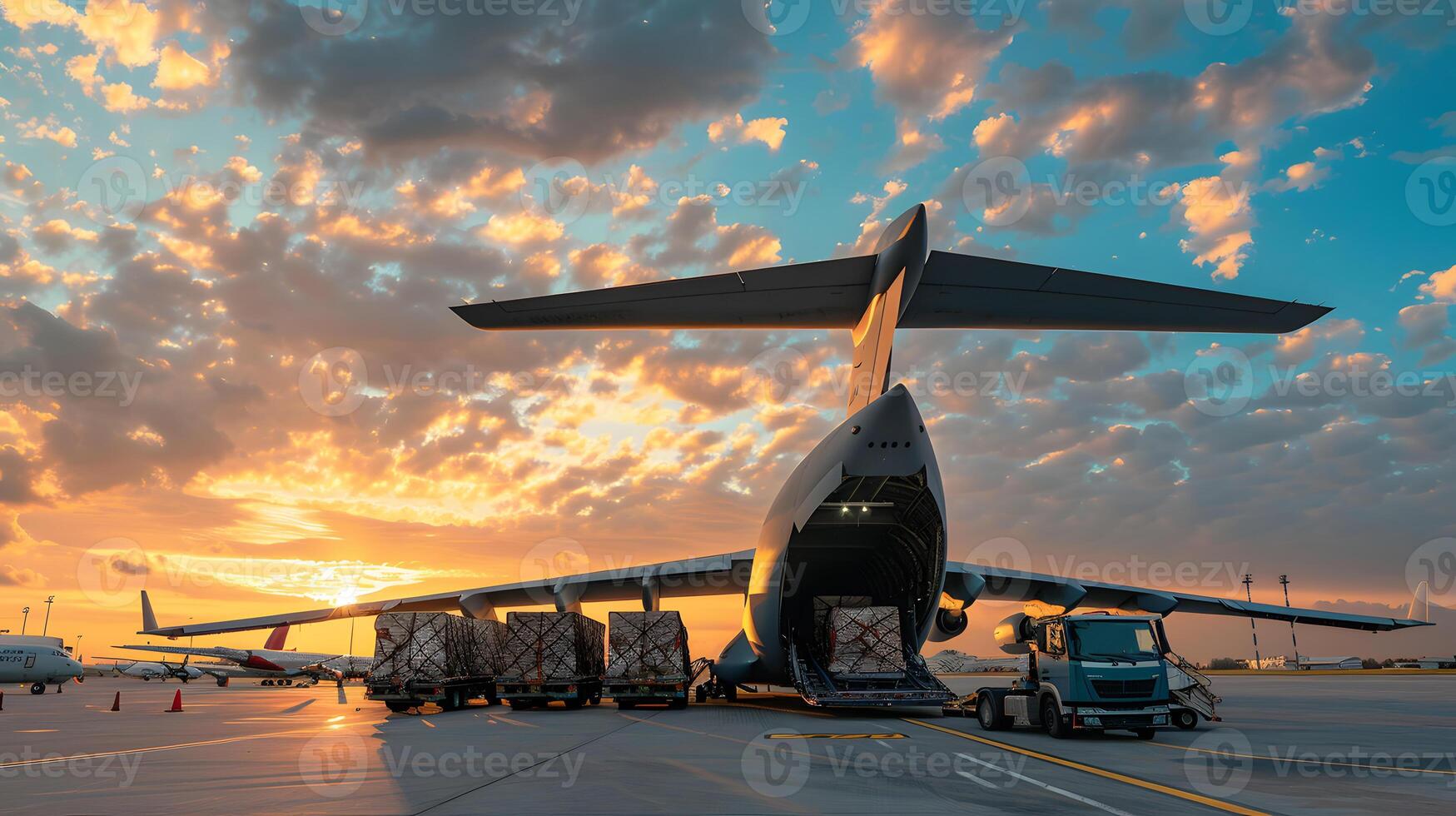 AI generated A cargo plane at the airport docks loads or unloads cargo. AI Generated photo