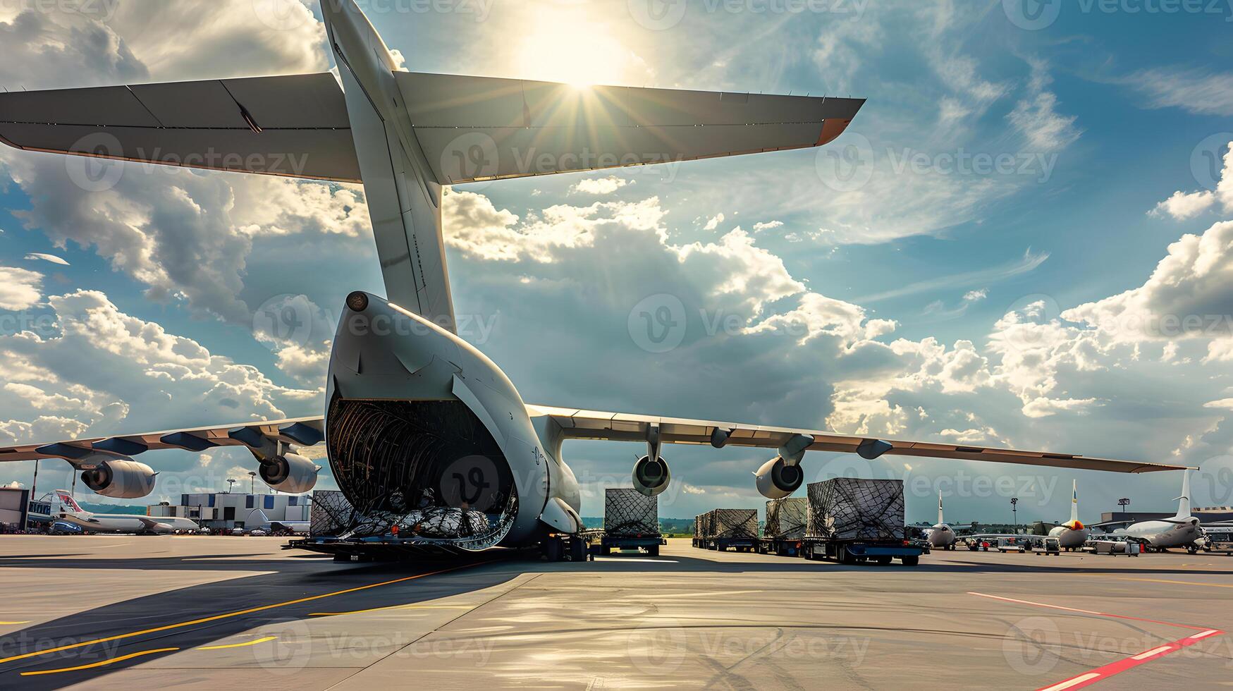 ai generado un carga avión a el aeropuerto muelles cargas o descarga carga. ai generado foto