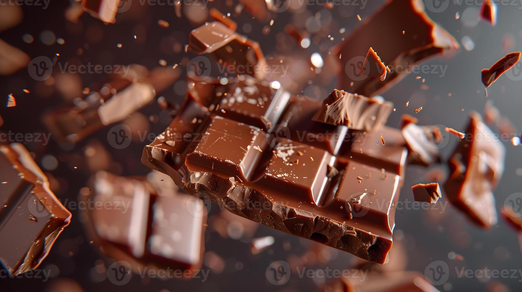 AI generated Sweet dark chocolate bar broken into pieces. AI Generated photo