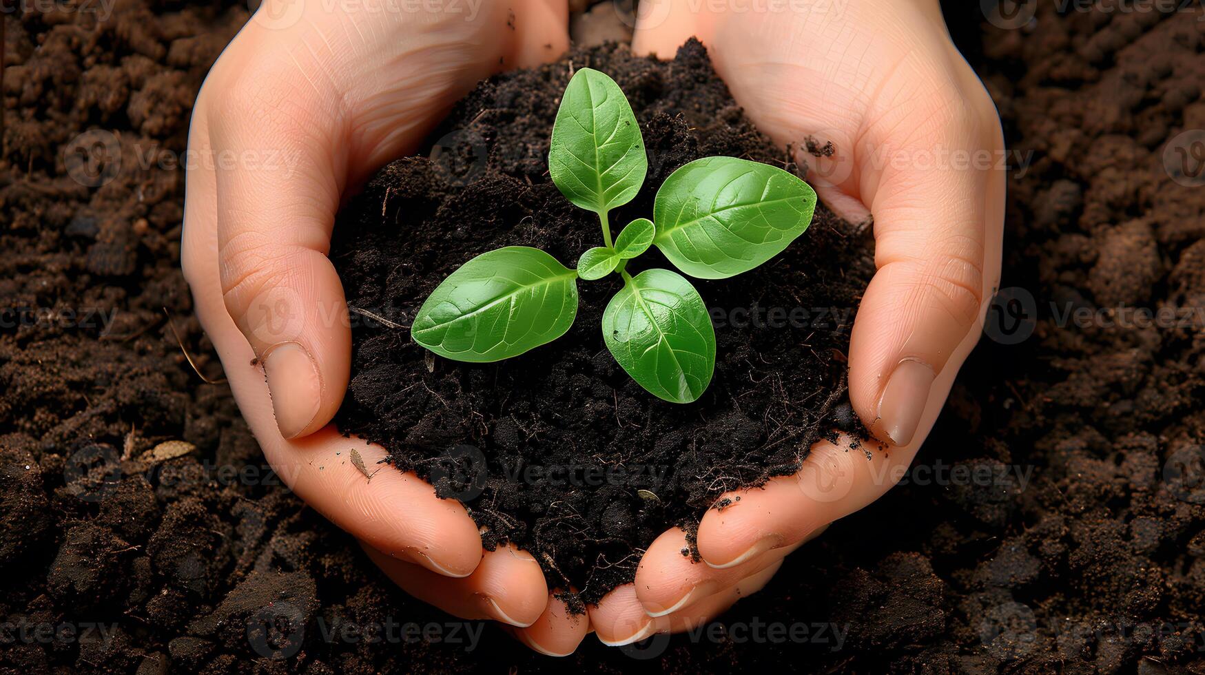 ai generado humano palmas sostener suelo con un verde pequeño planta como un concepto para negocio desarrollo. ai generado foto