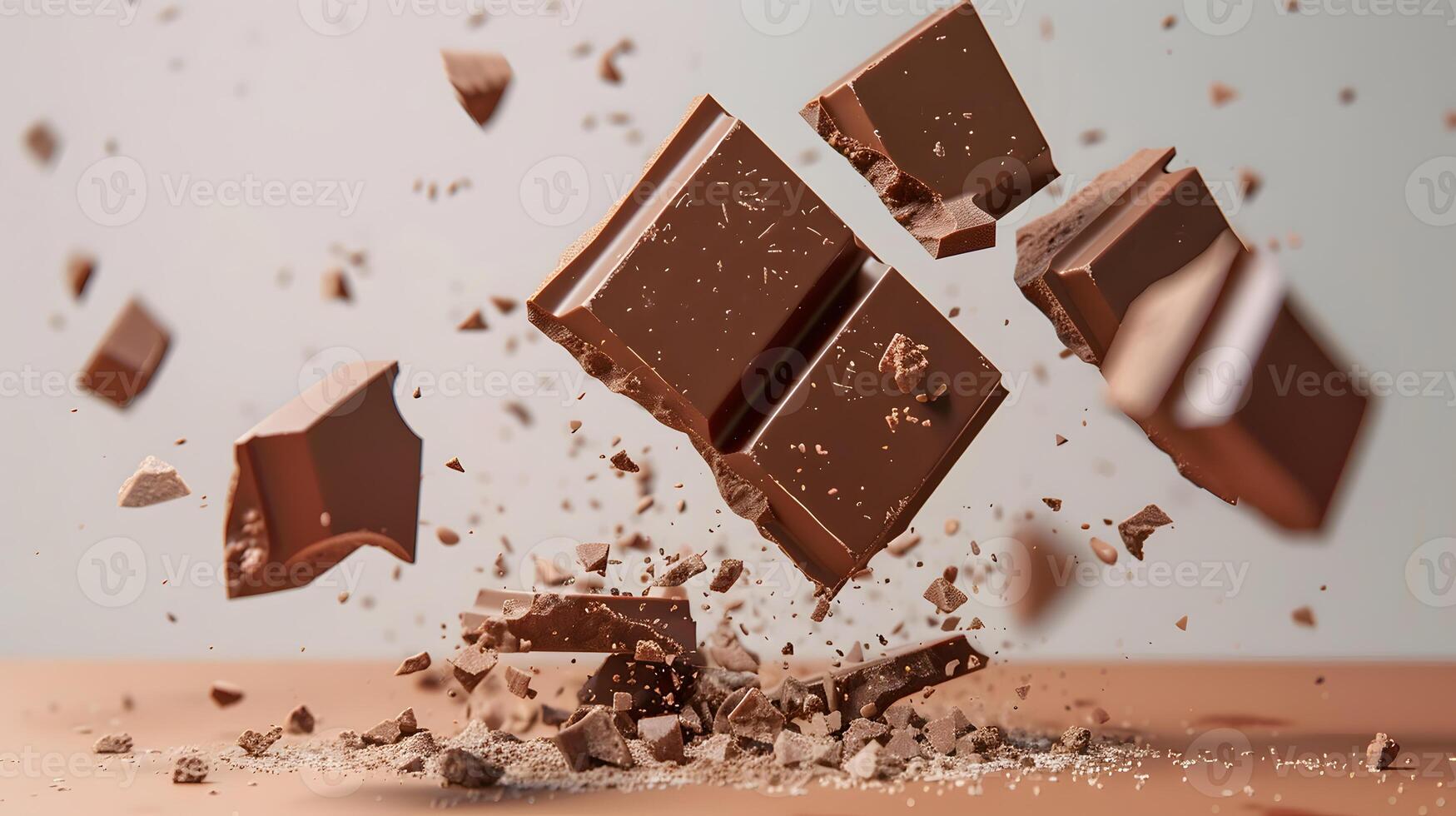 AI generated Sweet dark chocolate bar broken into pieces. AI Generated photo