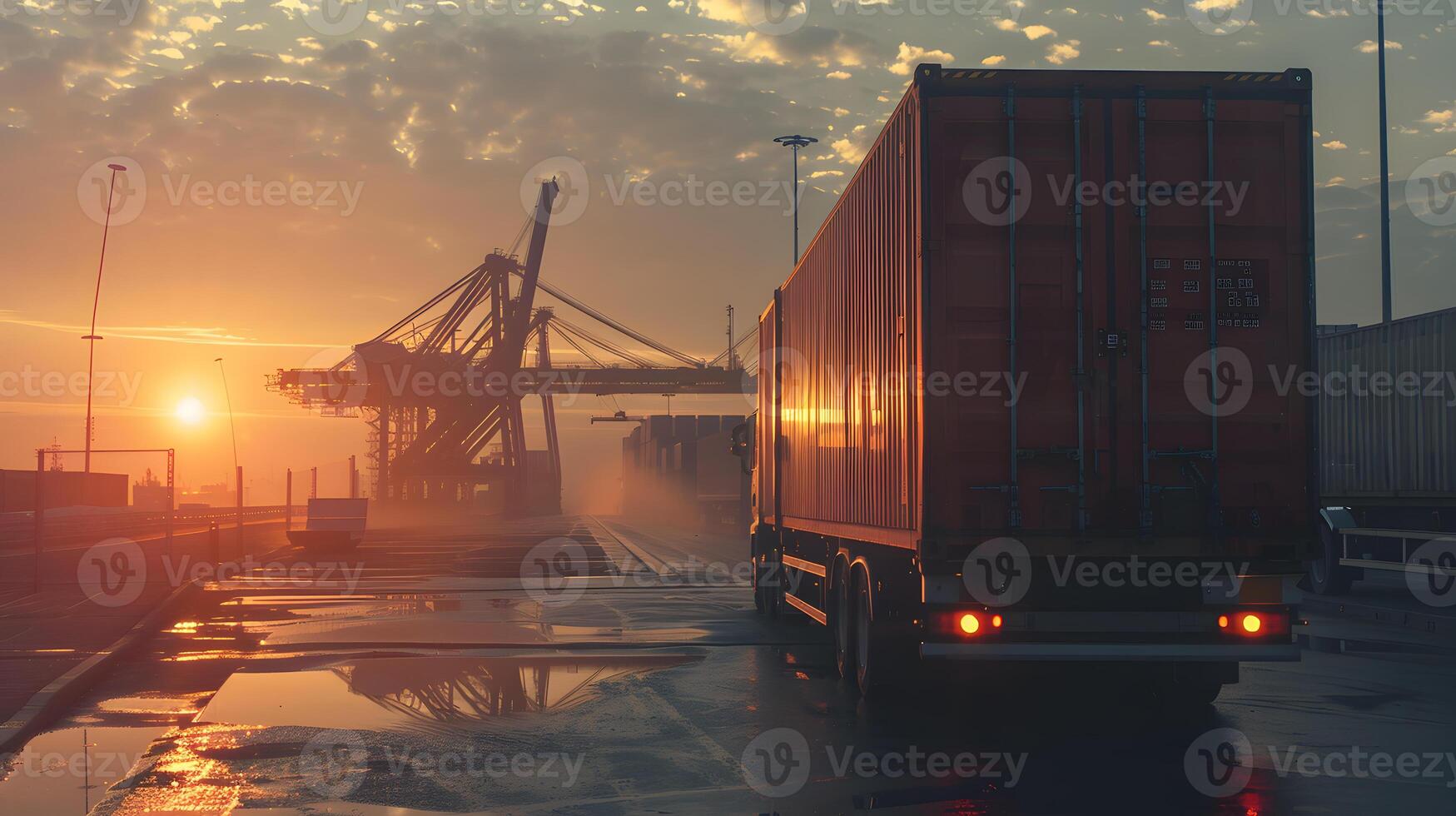 AI generated Truck trailer on the pier in the cargo port terminal with cranes and containers. AI Generated photo