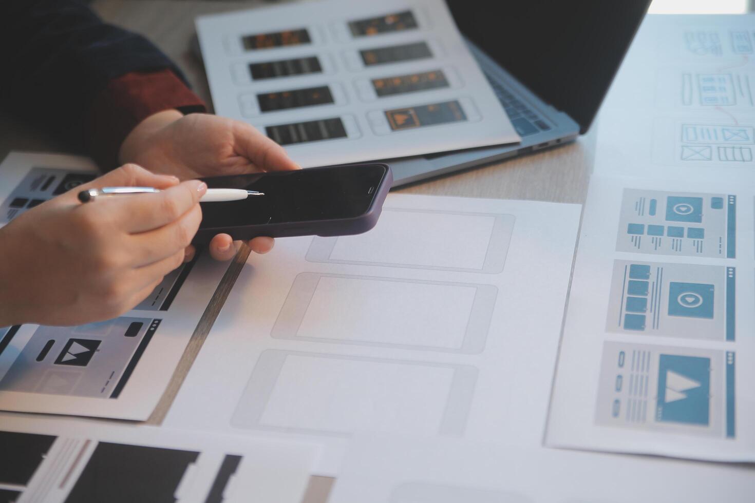UX UI design process for modish mobile application and website . Creative prototype of wireframe for professional app developer . photo
