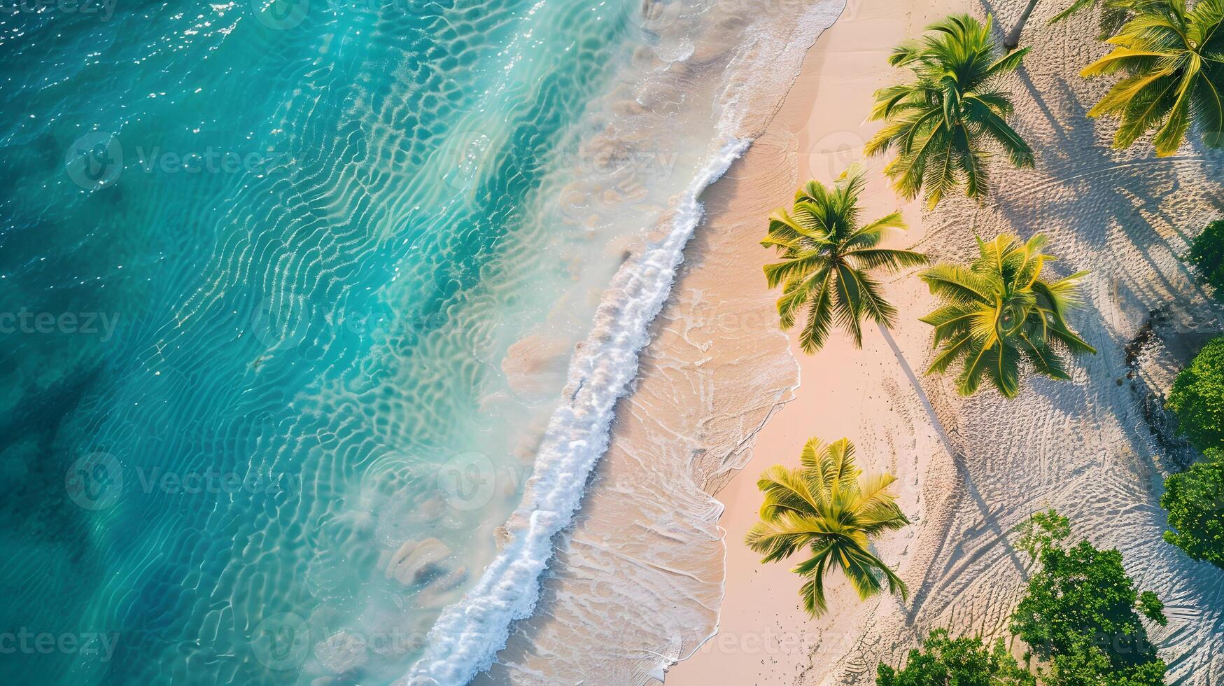 AI generated Azure coast of the ocean with palm trees, sand, surf and shells. AI Generated photo
