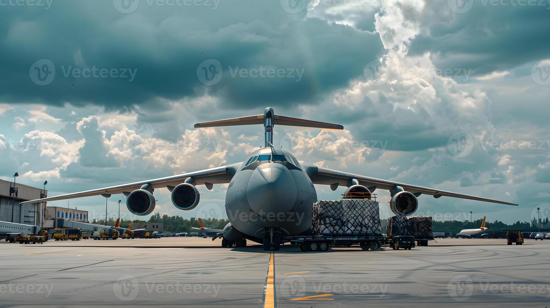 ai generado un carga avión a el aeropuerto muelles cargas o descarga carga. ai generado foto