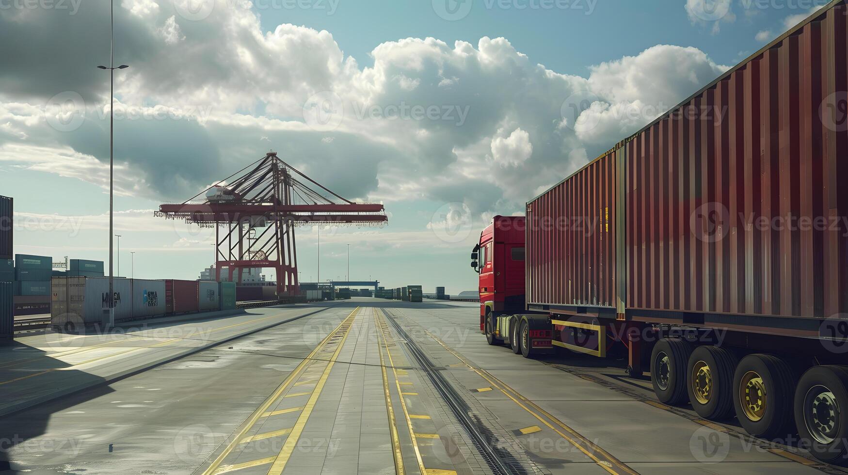 AI generated Truck trailer on the pier in the cargo port terminal with cranes and containers. AI Generated photo