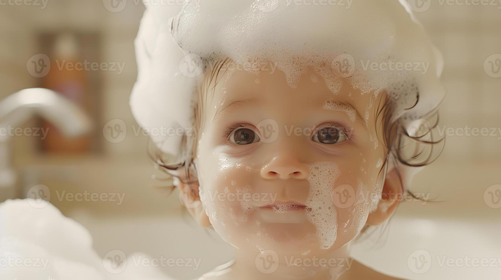 AI generated A cute little child with little foam on his head. AI Generated photo