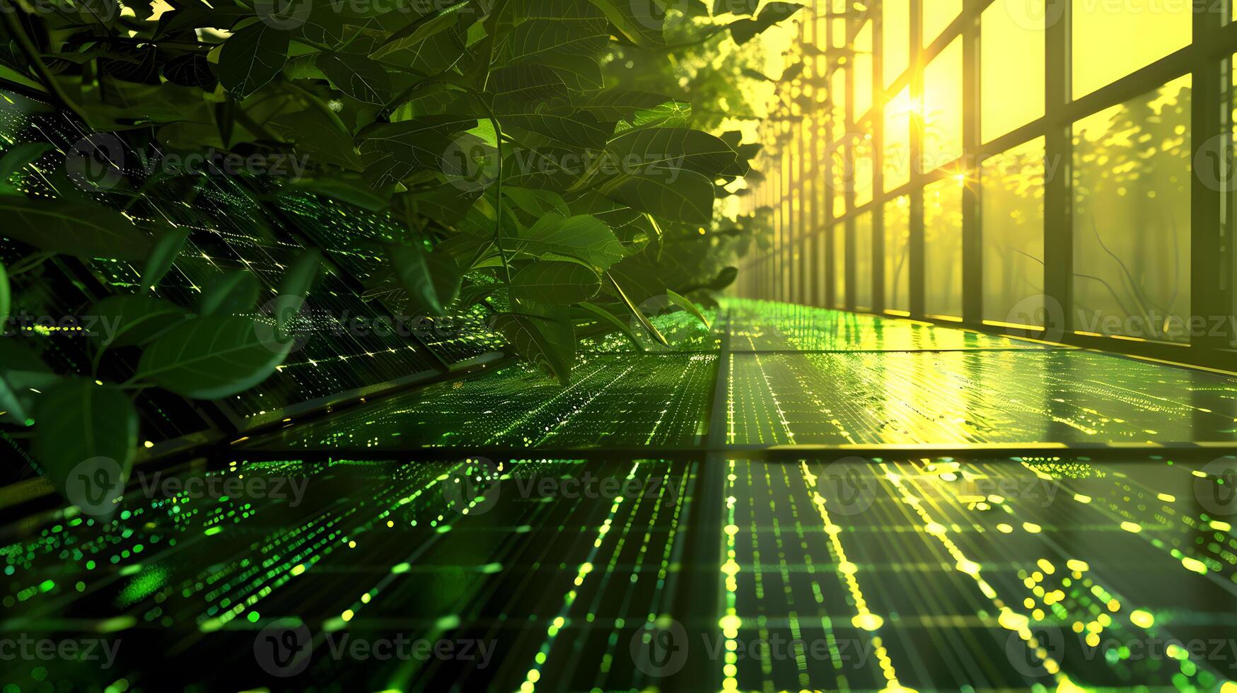 AI generated Fields of solar panels and systems to produce green electricity. AI Generated photo