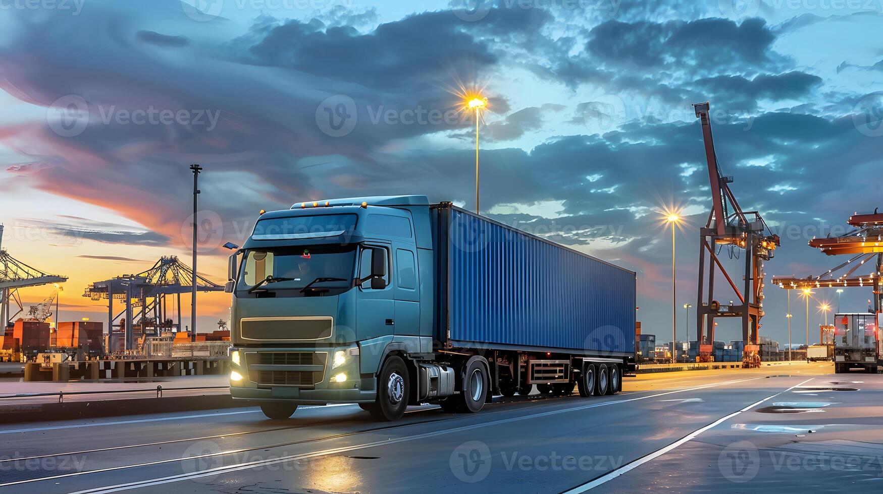 AI generated Truck trailer on the pier in the cargo port terminal with cranes and containers. AI Generated photo