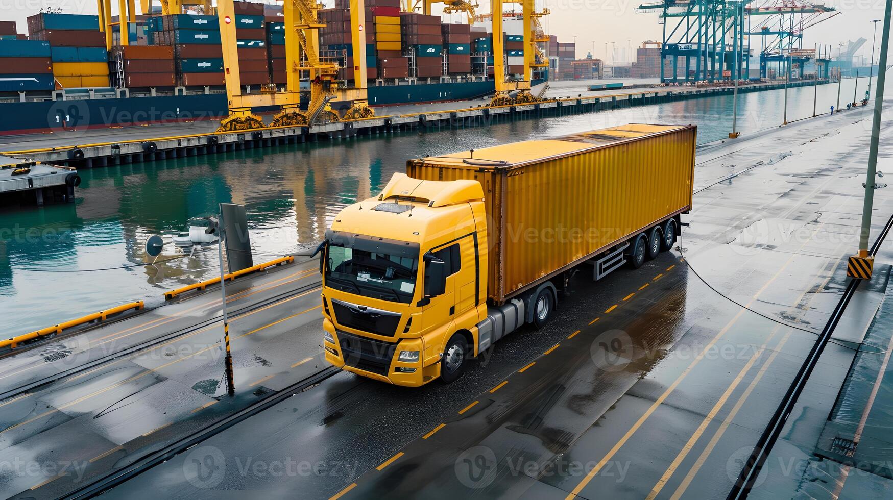 ai generado camión remolque en el muelle en el carga Puerto terminal con grúas y contenedores ai generado foto