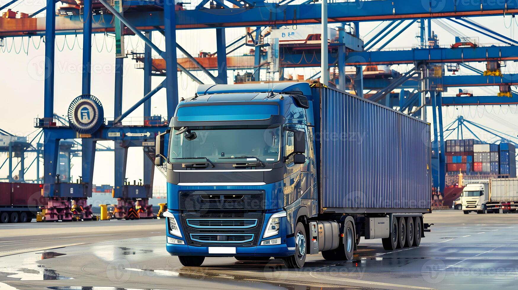 AI generated Truck trailer on the pier in the cargo port terminal with cranes and containers. AI Generated photo