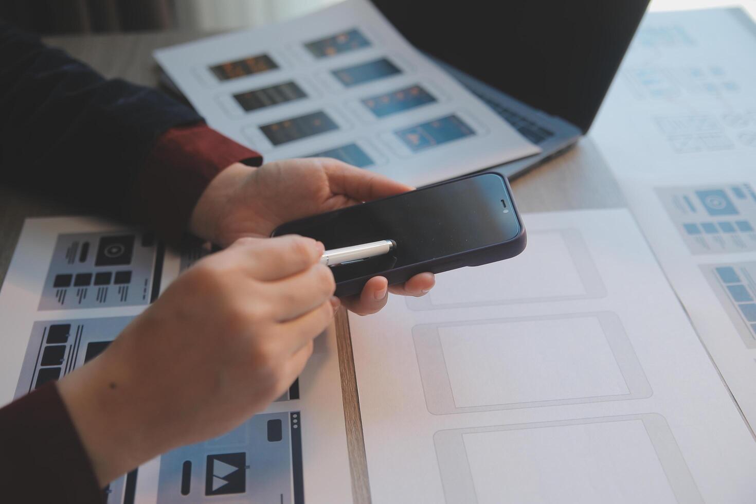 UX UI design process for modish mobile application and website . Creative prototype of wireframe for professional app developer . photo