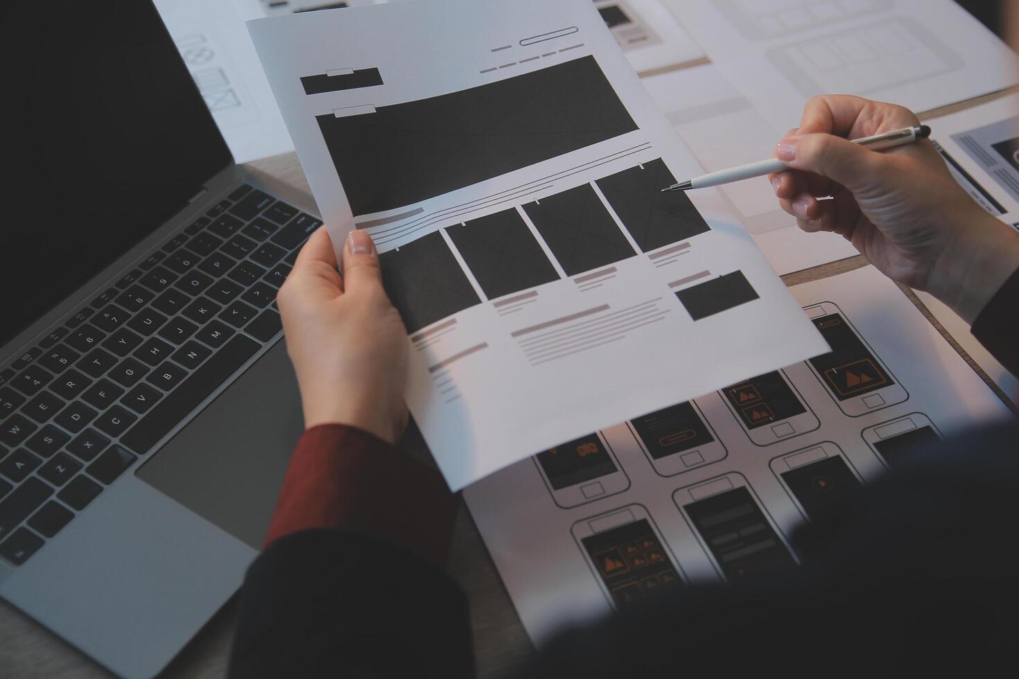 UX UI design process for modish mobile application and website . Creative prototype of wireframe for professional app developer . photo