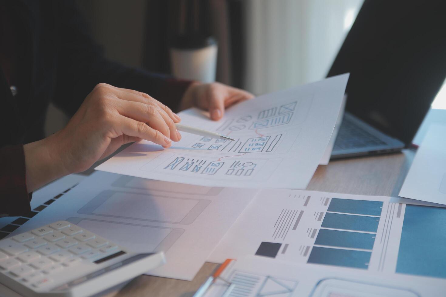 UX UI design process for modish mobile application and website . Creative prototype of wireframe for professional app developer . photo