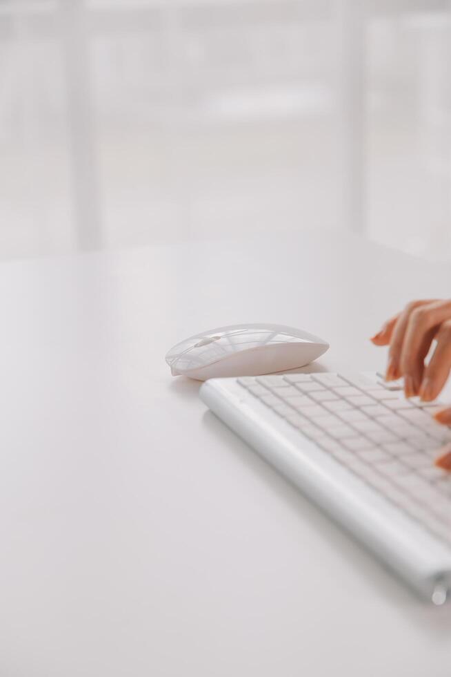 Communication support, call center and customer service help desk. VOIP headset on telephone keyboard. photo