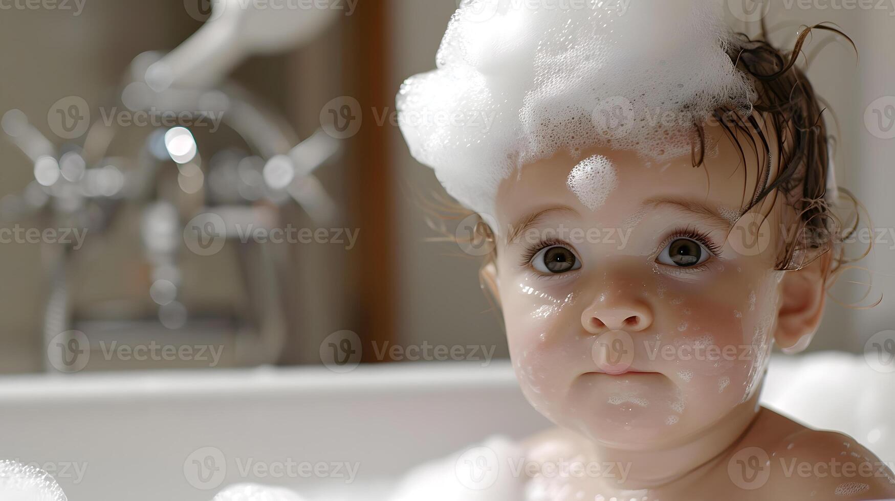 ai generado un linda pequeño niño con pequeño espuma en su cabeza. ai generado foto