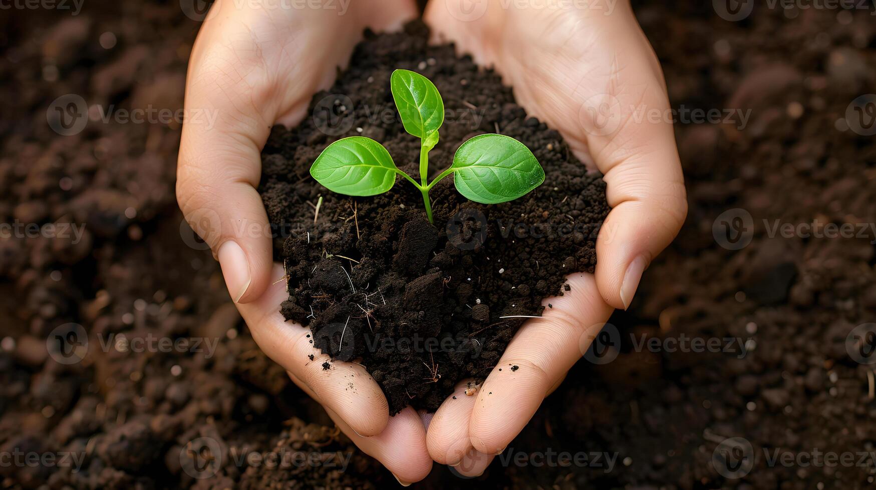 AI generated Human palms hold soil with a green small plant as a concept for business development. AI Generated photo