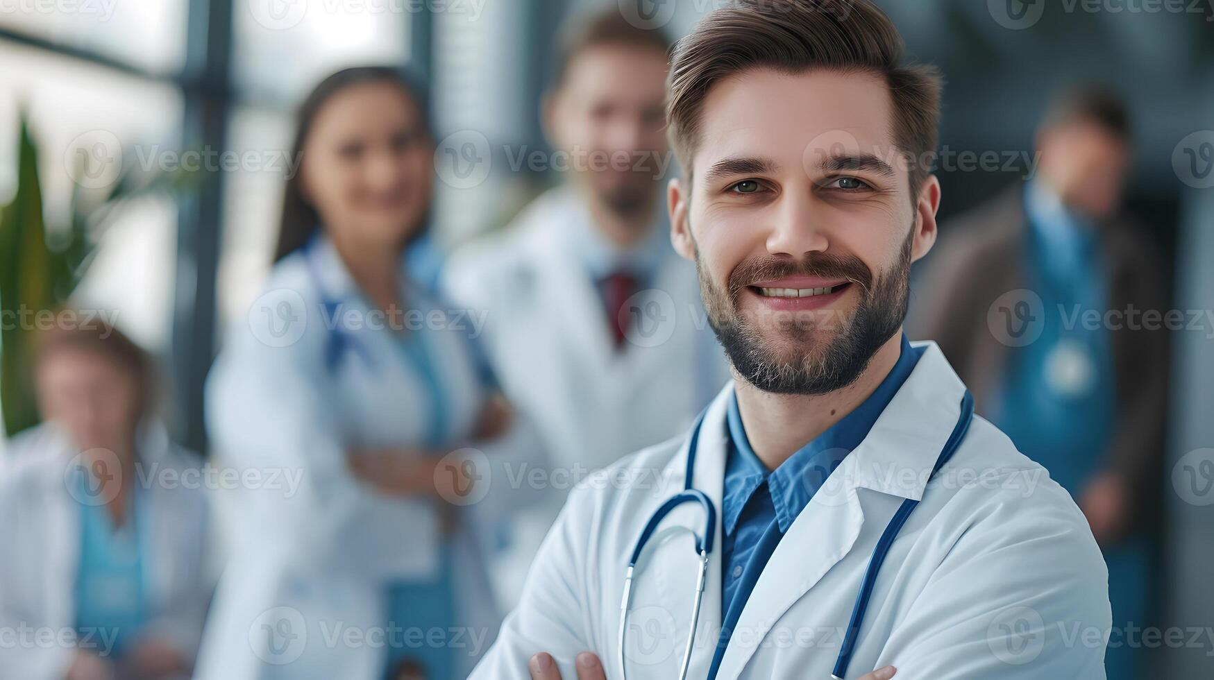 AI generated Portrait of a male medical worker with a stethoscope. AI Generated photo