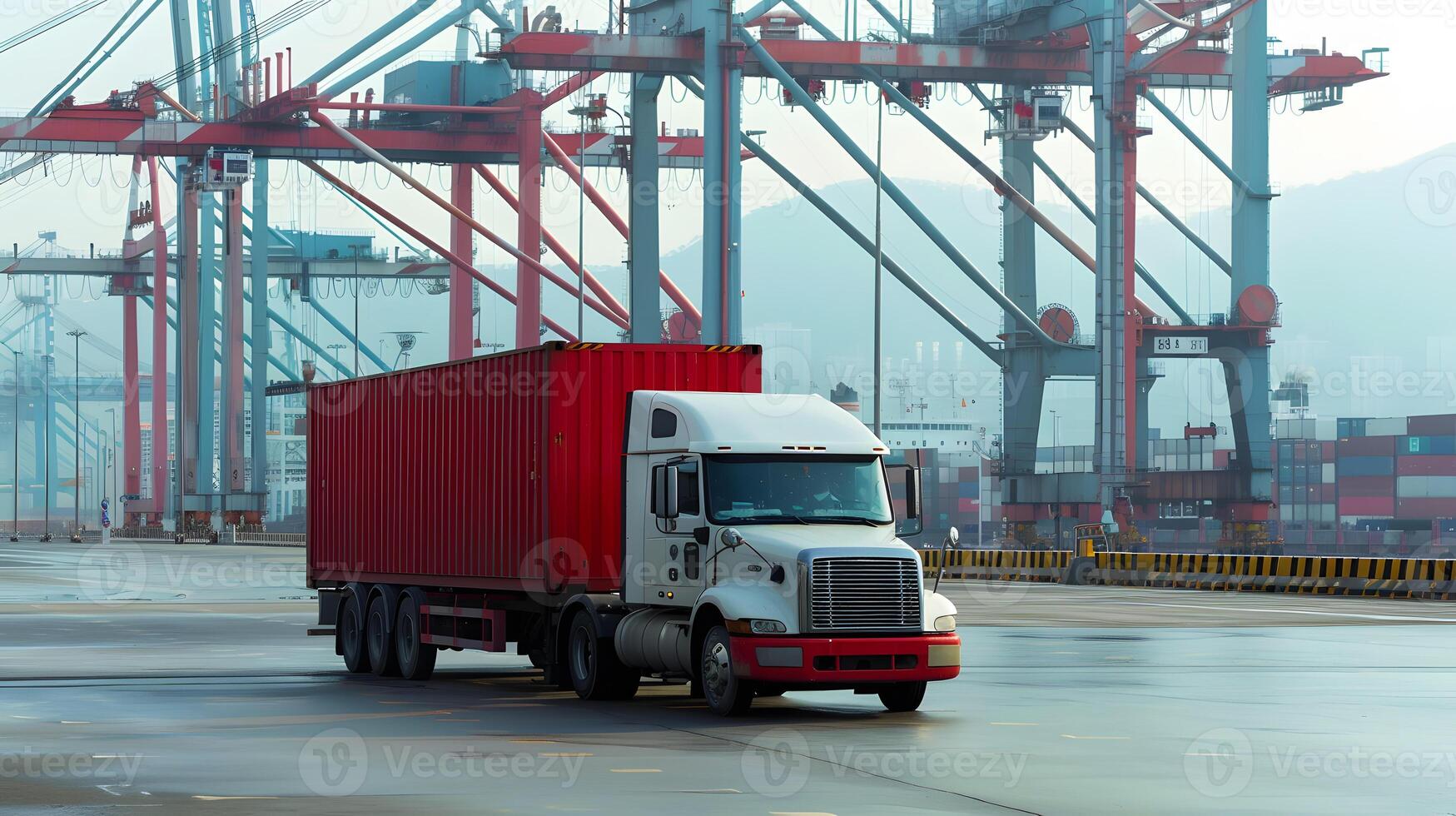 AI generated Truck trailer on the pier in the cargo port terminal with cranes and containers. AI Generated photo