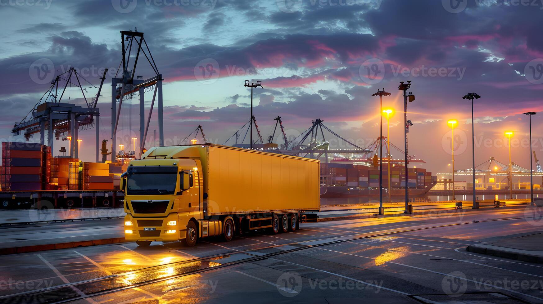 AI generated Truck trailer on the pier in the cargo port terminal with cranes and containers. AI Generated photo
