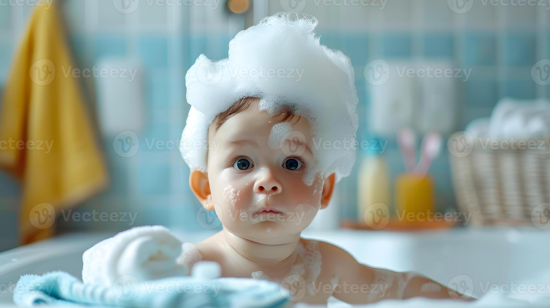 ai generado un linda pequeño niño con pequeño espuma en su cabeza. ai generado foto