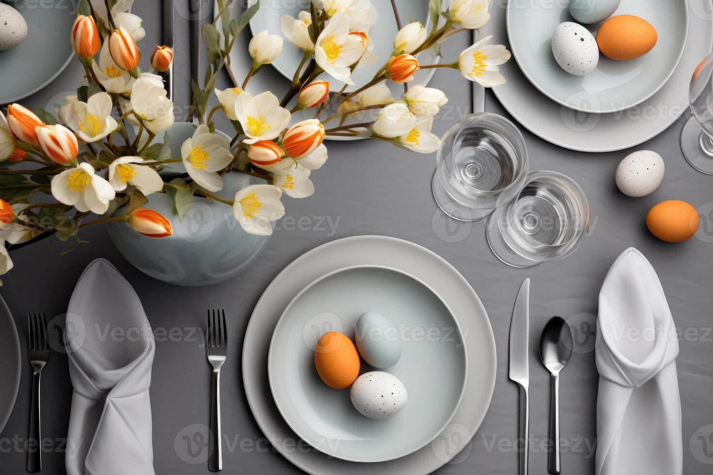 AI Generated Elegant Table Setting With Plates, Silverware, and Flowers photo