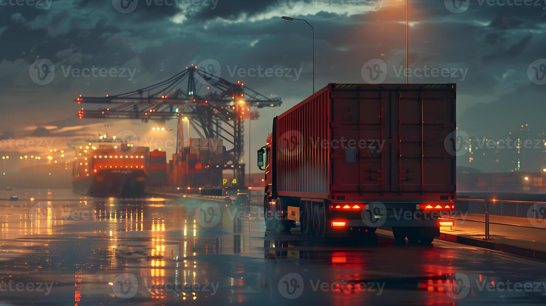 AI generated Truck trailer on the pier in the cargo port terminal with cranes and containers. AI Generated photo