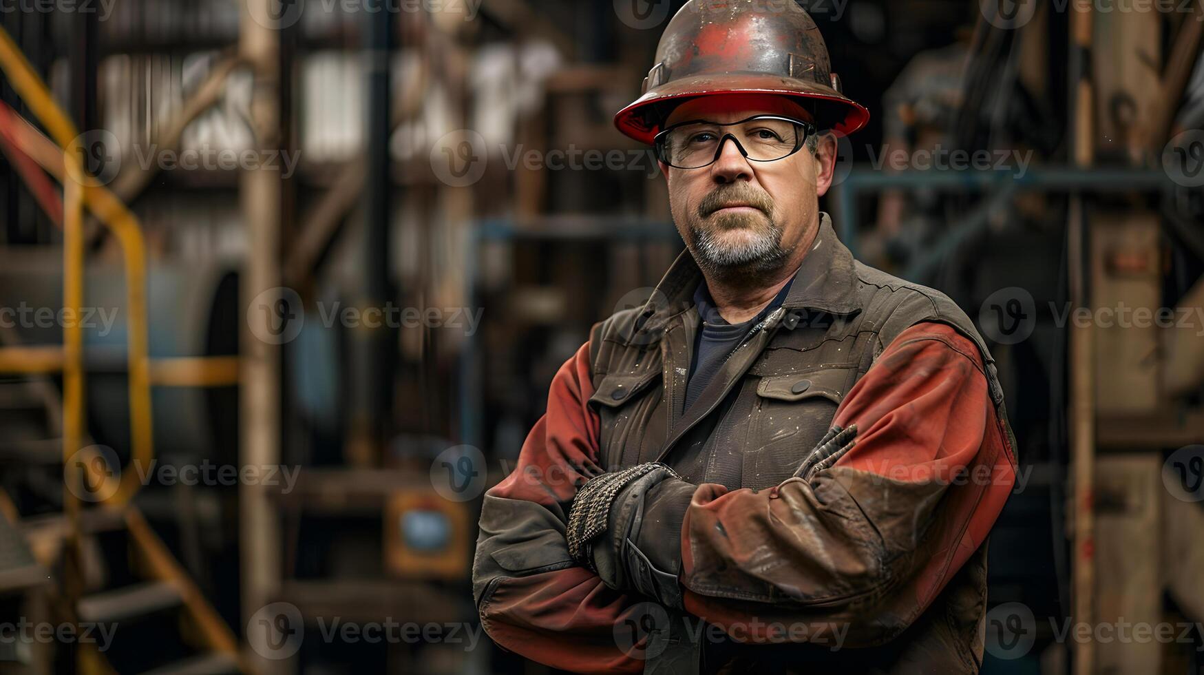 AI generated Portrait of a working man in a uniform and a hard hat. AI Generated photo