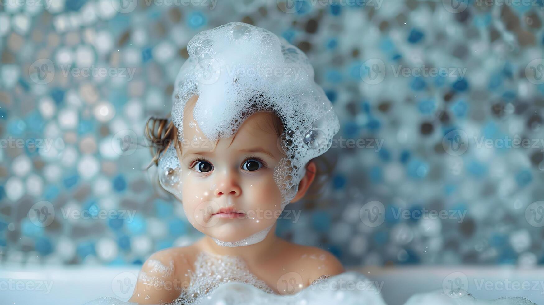 ai generado un linda pequeño niño con pequeño espuma en su cabeza. ai generado foto