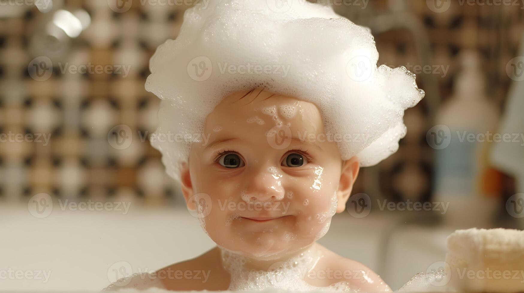 ai generado un linda pequeño niño con pequeño espuma en su cabeza. ai generado foto