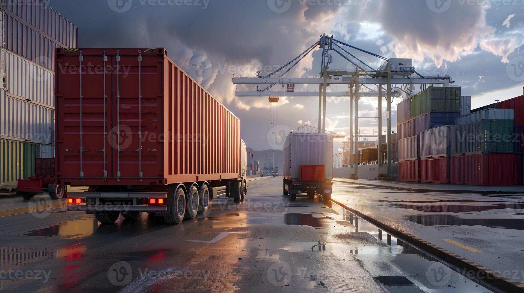AI generated Truck trailer on the pier in the cargo port terminal with cranes and containers. AI Generated photo