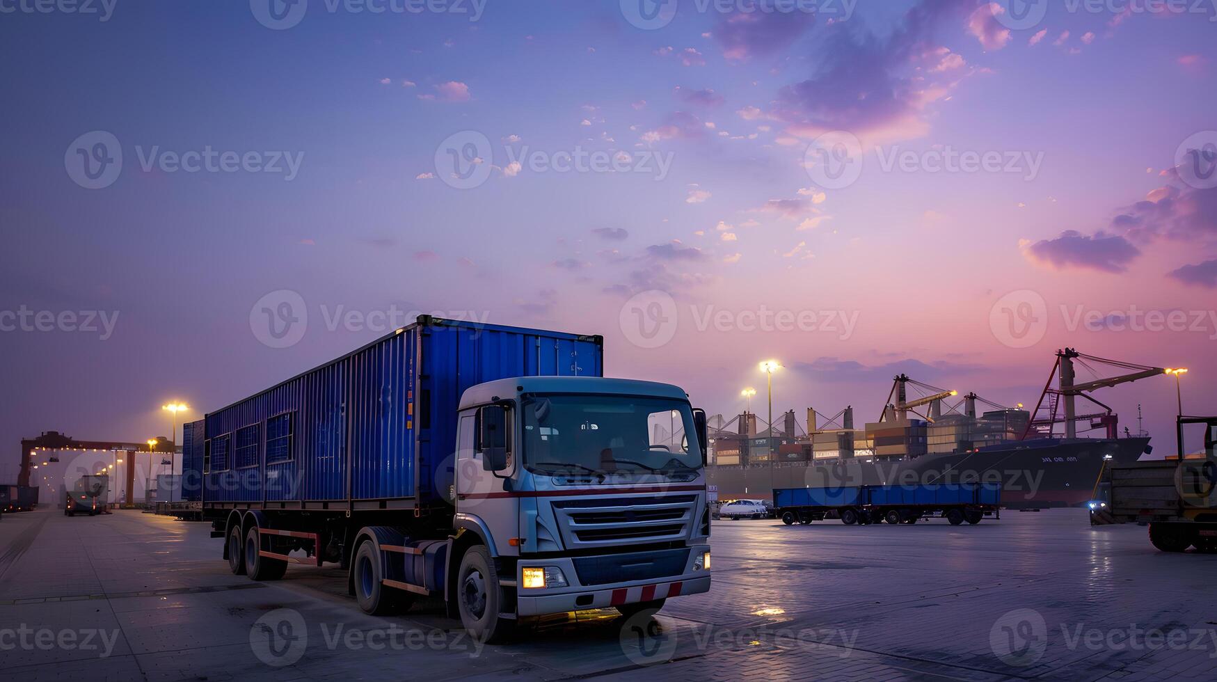 ai generado camión remolque en el muelle en el carga Puerto terminal con grúas y contenedores ai generado foto