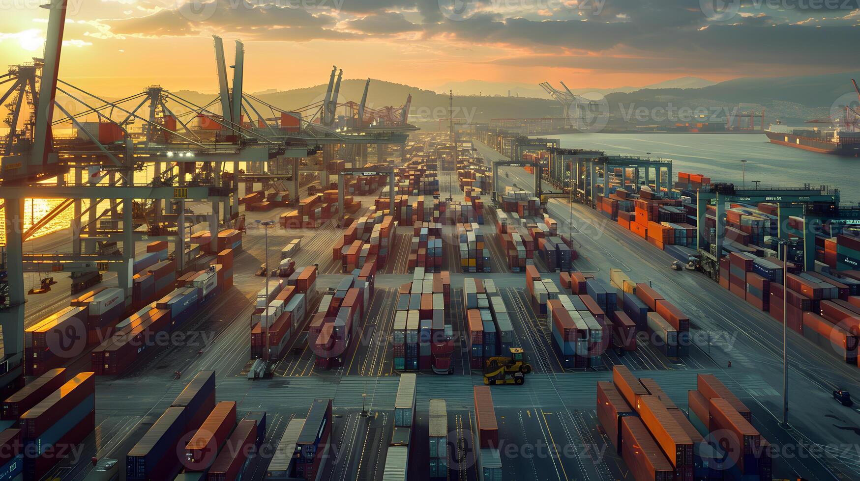 AI generated A ship for transporting cargo containers and also unloading it at the docks of a cargo port. AI Generated photo