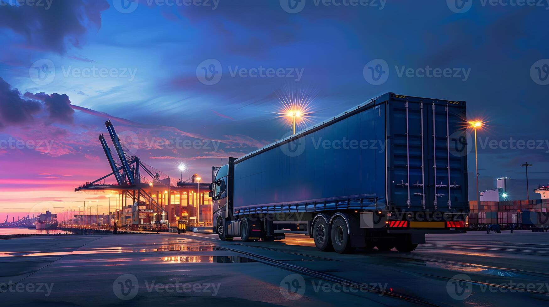 AI generated Truck trailer on the pier in the cargo port terminal with cranes and containers. AI Generated photo