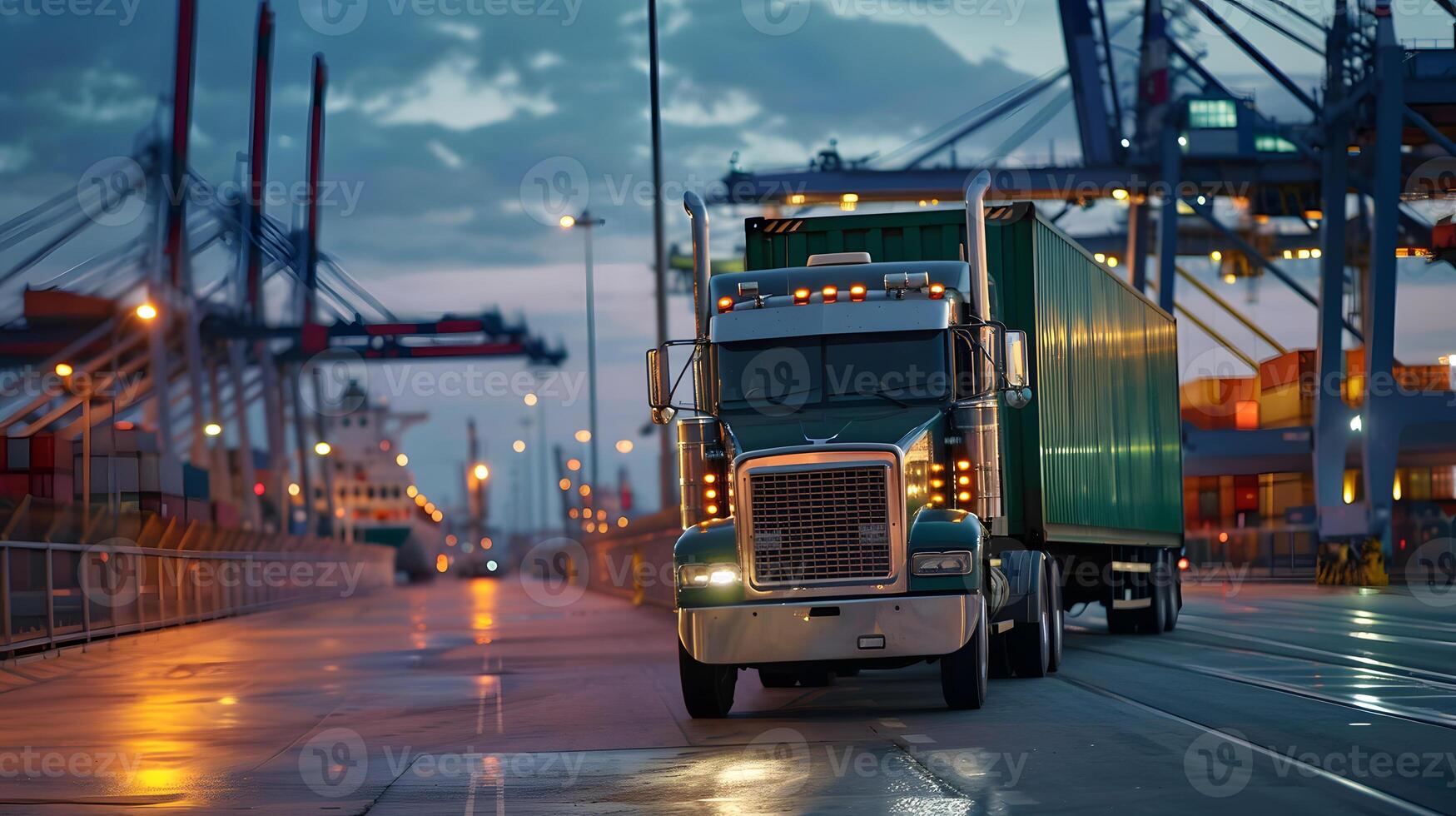 AI generated Truck trailer on the pier in the cargo port terminal with cranes and containers. AI Generated photo