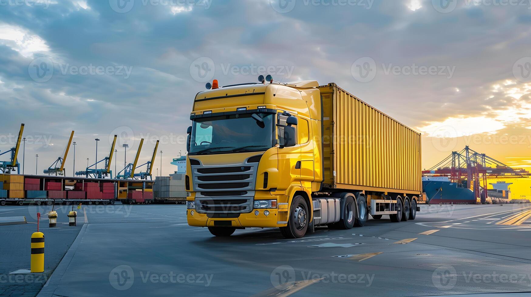 AI generated Truck trailer on the pier in the cargo port terminal with cranes and containers. AI Generated photo
