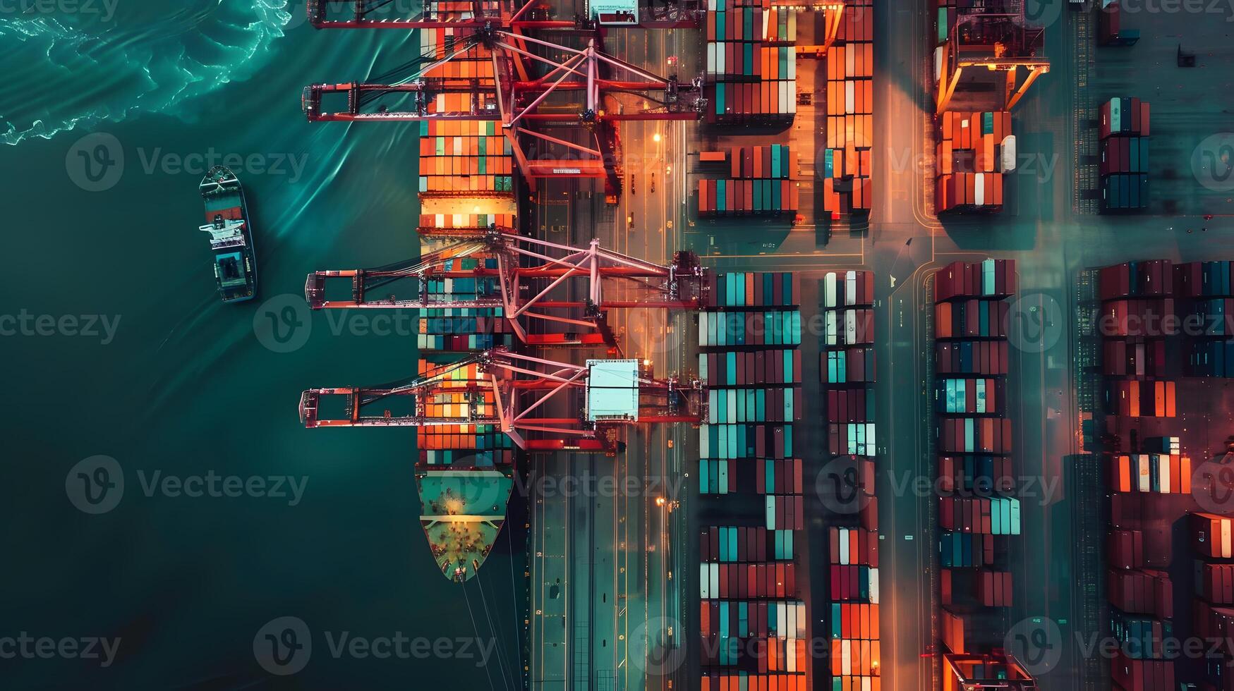 AI generated A ship for transporting cargo containers and also unloading it at the docks of a cargo port. AI Generated photo
