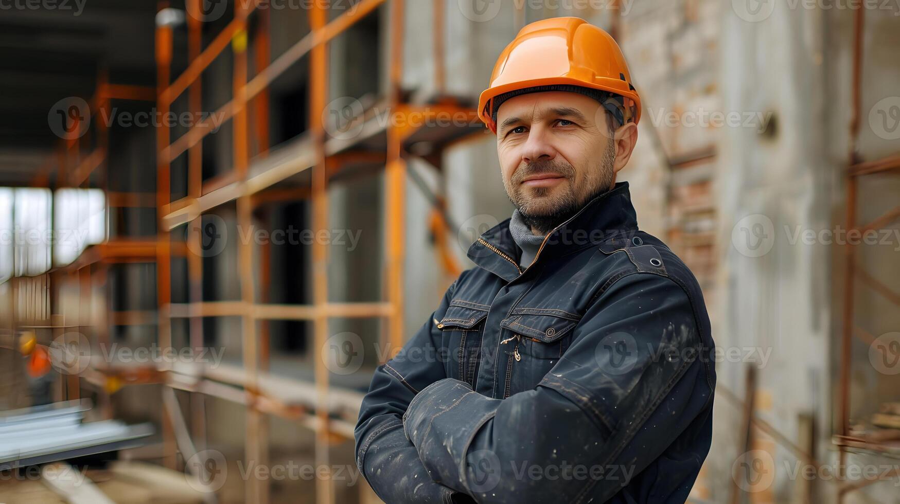 AI generated A man, a worker, a builder by profession, in a uniform and a helmet. AI Generated photo